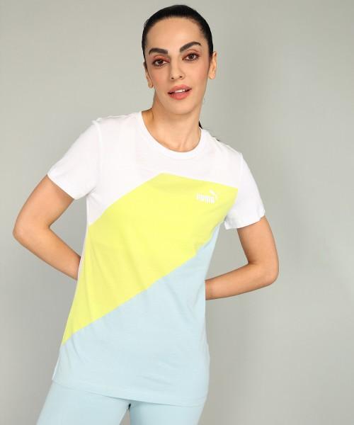 women colorblock crew neck pure cotton blue t-shirt