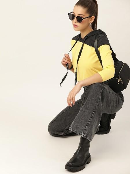 women colorblock hooded neck polyester yellow t-shirt