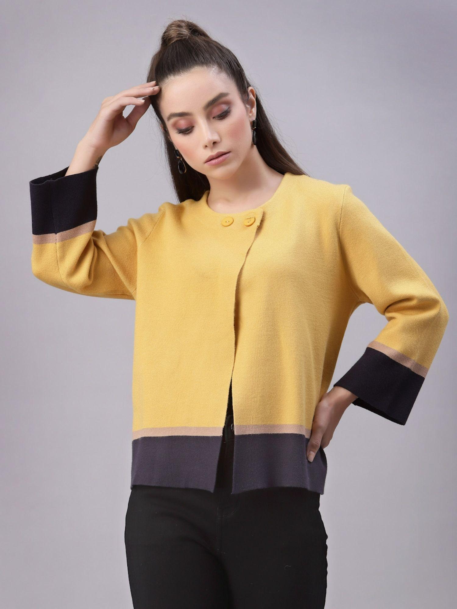 women colorblock long sleeves round neck viscose mustard winter shrug