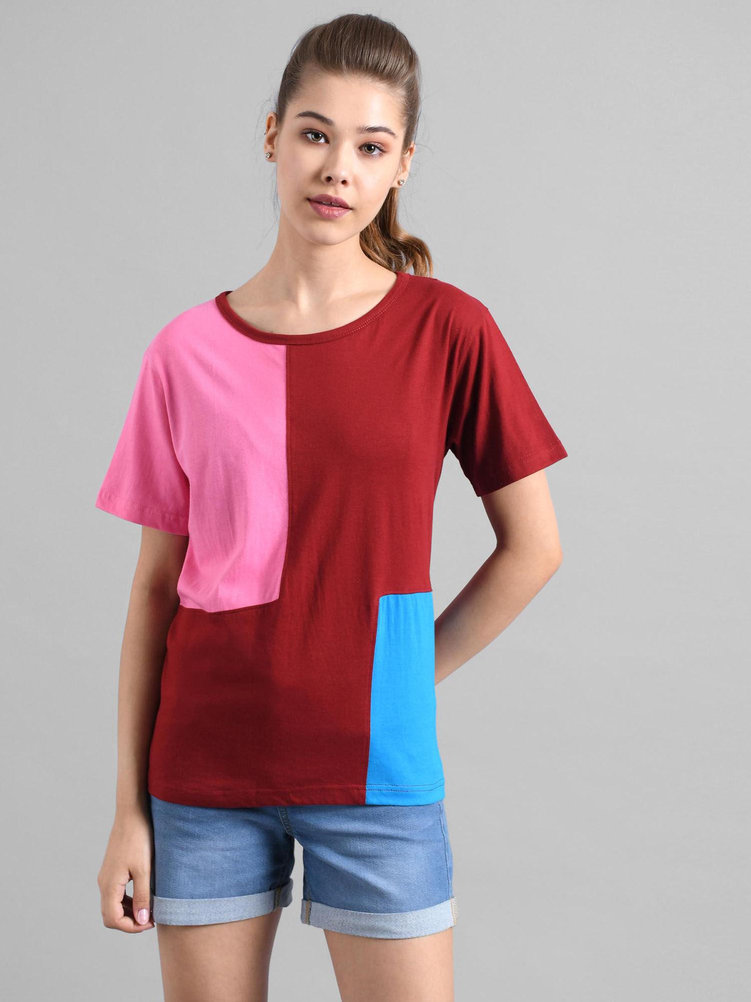 women colorblock round neck cotton blend multicolor t-shirt