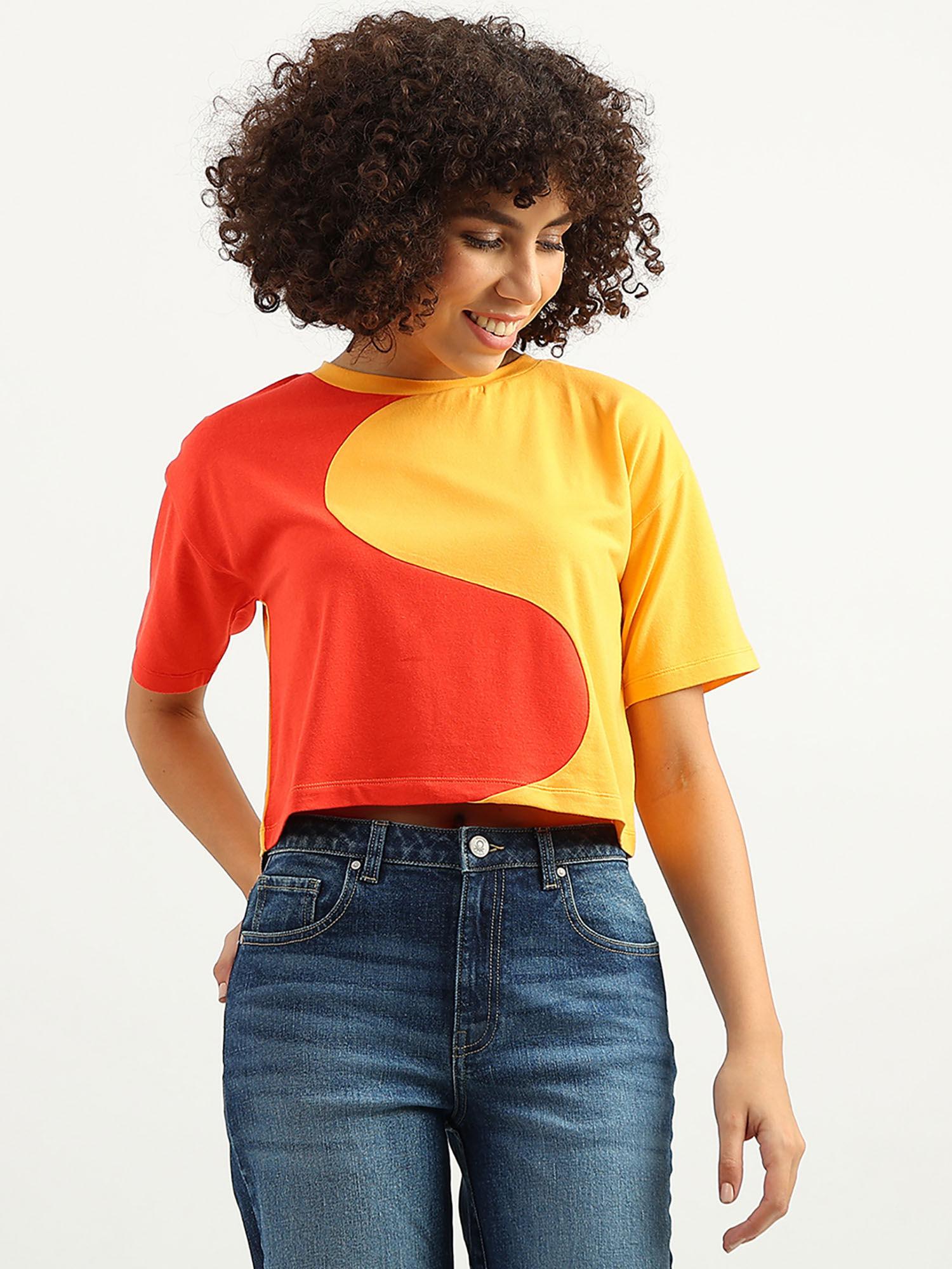 women colorblock round neck red t-shirt