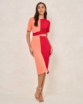 women colour-block bodycon dress with twist knot