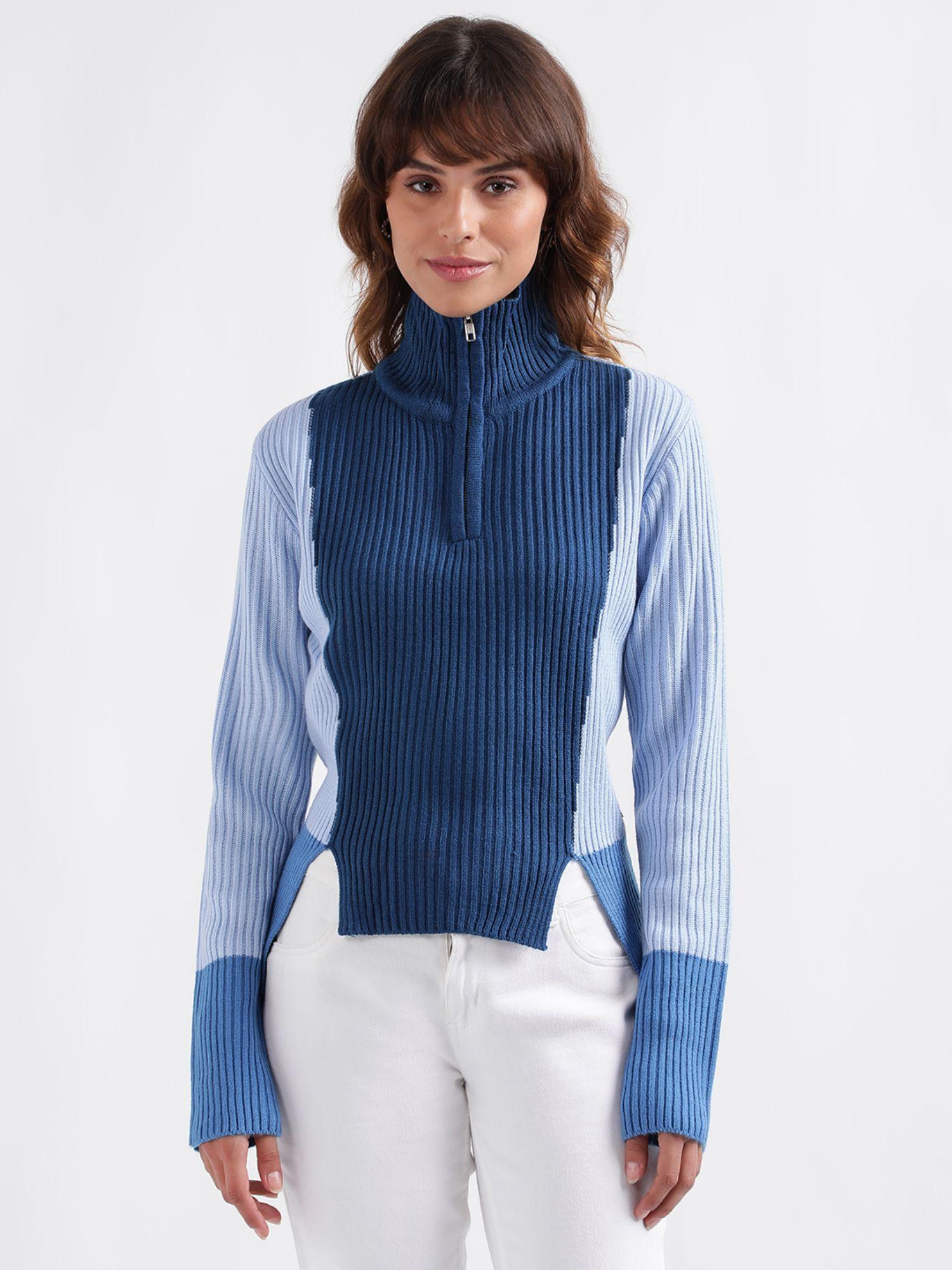 women colour blocked full sleeves high neck sweater