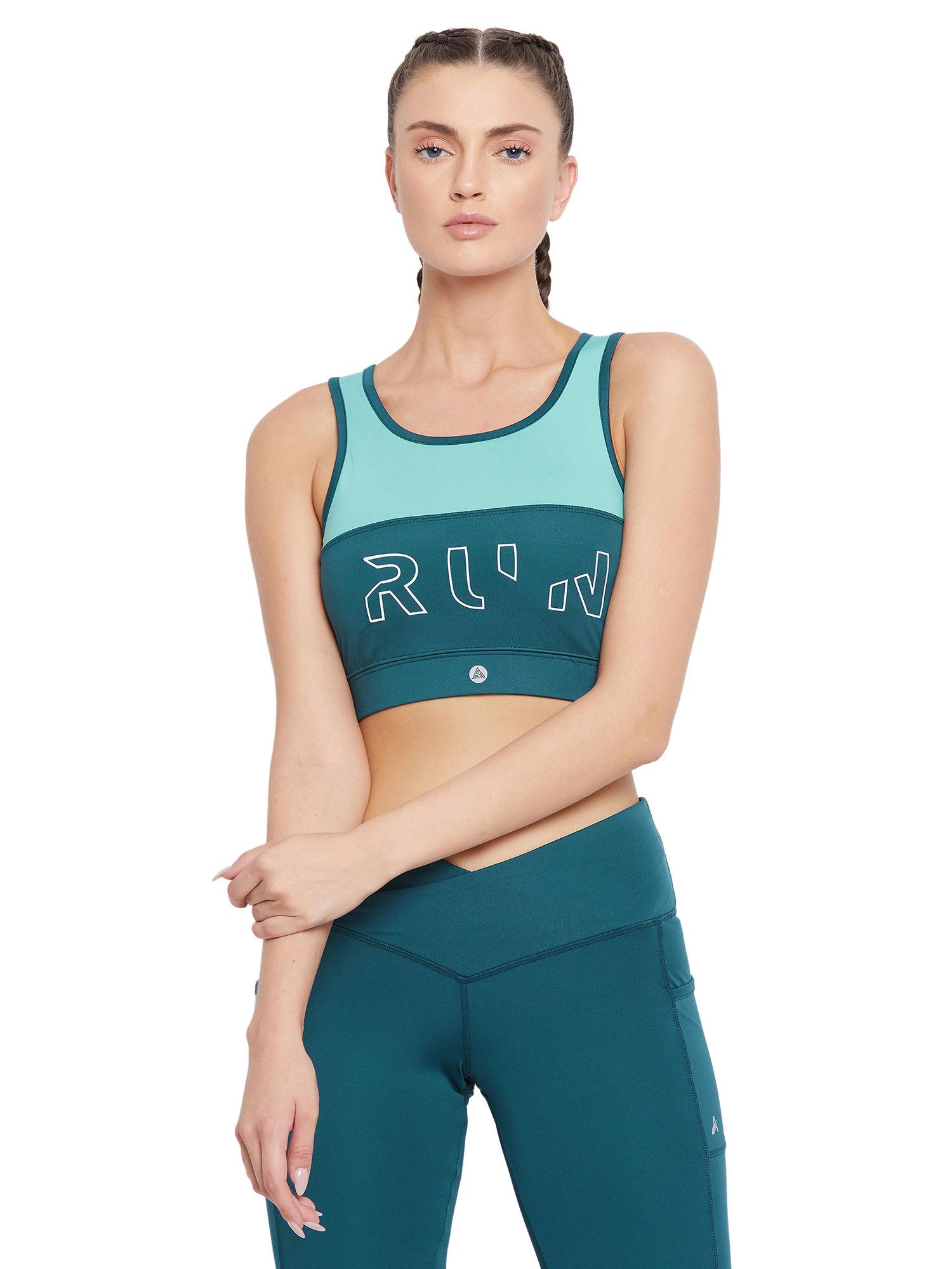 women colour blocked non-wired lightly padded workout bra - teal