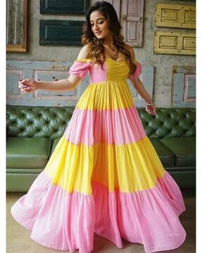 women colourblock  flared gown with off shoulder