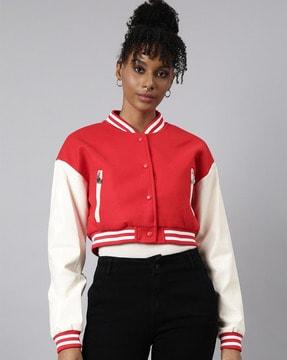 women colourblock bomber jacket with button closure