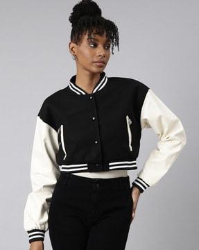 women colourblock bomber jacket with button closure