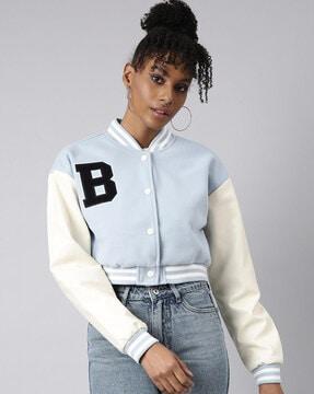 women colourblock bomber jacket with button closure