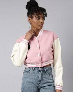 women colourblock bomber jacket with button closure