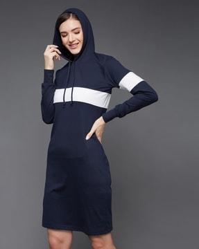 women colourblock hooded a-line dress