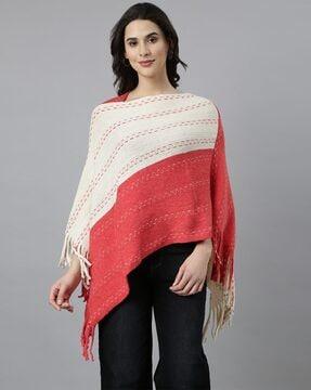 women colourblock poncho with fringes