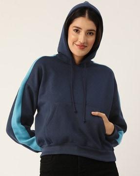 women colourblock regular fit hooded sweatshirt