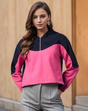 women colourblock regular fit hooded sweatshirt