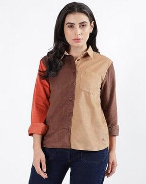 women colourblock regular fit shirt with patch pocket