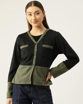 women colourblock regular fit sweatshirt with patch pocket