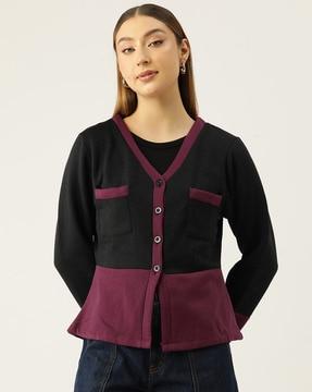 women colourblock regular fit sweatshirt with patch pocket