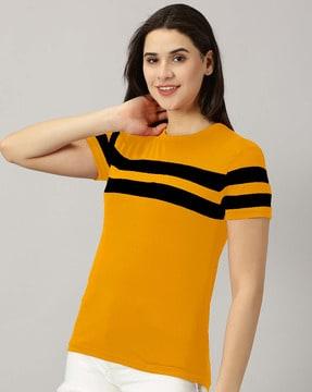 women colourblock regular fit t-shirt with short sleeves