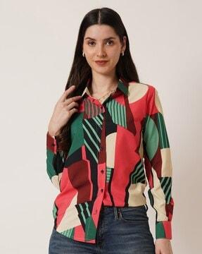 women colourblock relaxed fit shirt with cuffed sleeves