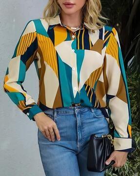 women colourblock relaxed fit shirt with cuffed sleeves