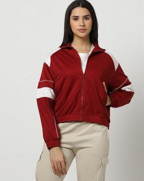 women colourblock relaxed fit zip-front jacket