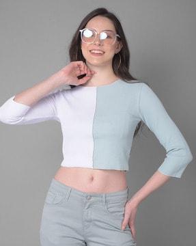 women colourblock slim fit round-neck t-shirt