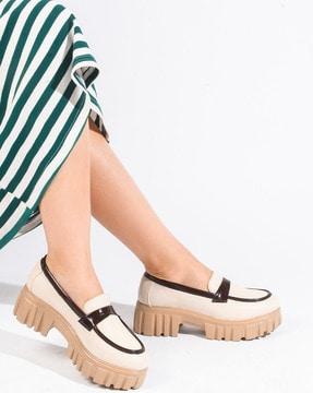 women colourblock slip-on chunky heeled shoes