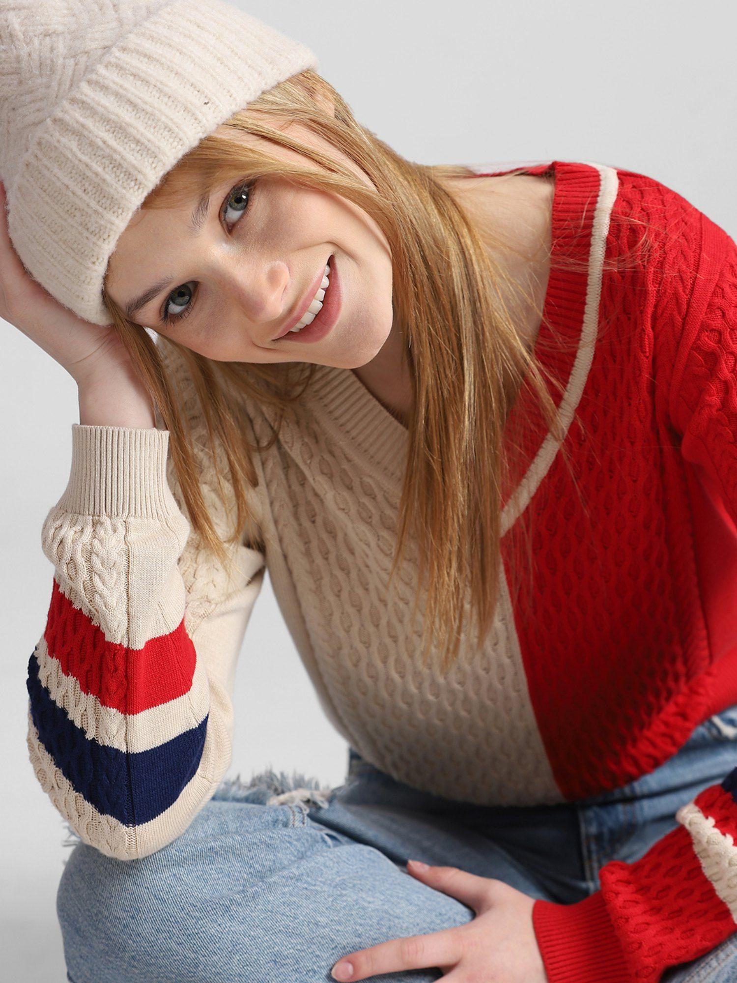 women colourblocked casual red sweater