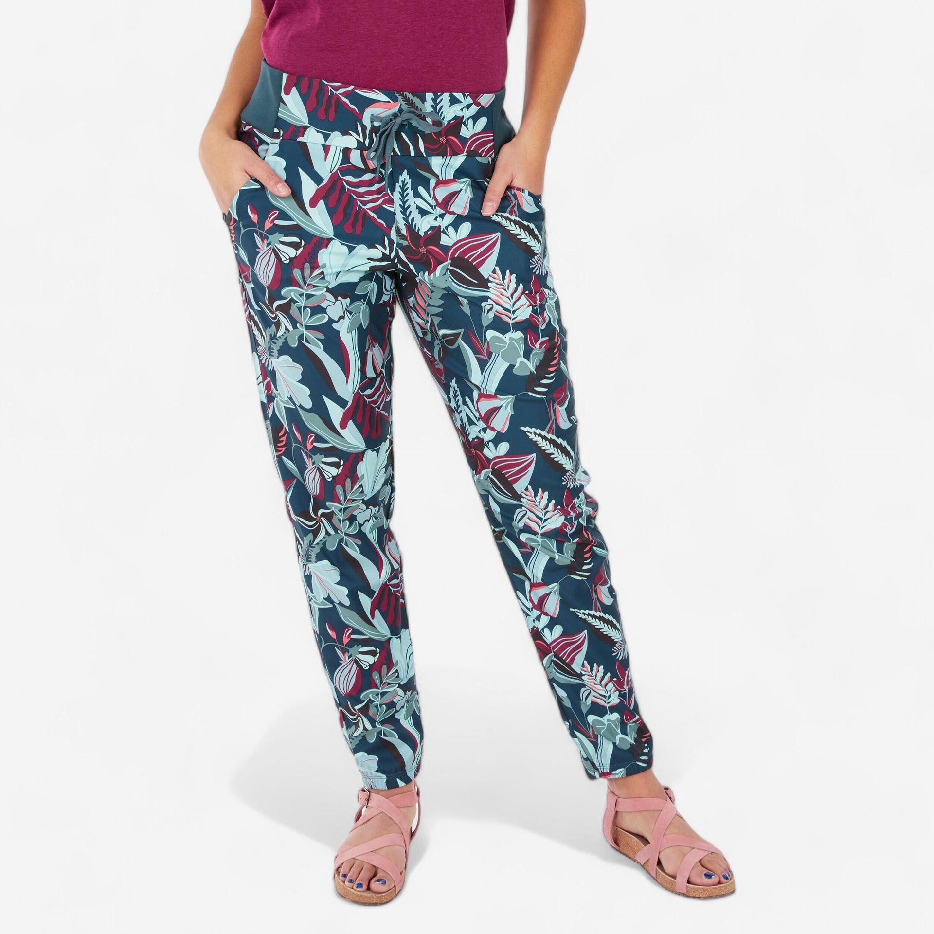 women comfort fit pant with wide waistband printed blue - nh100