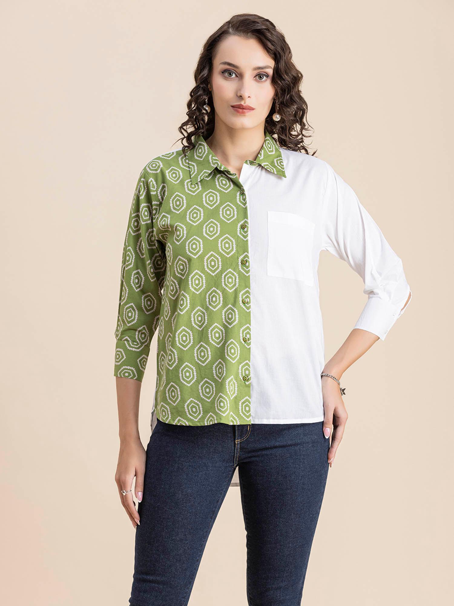 women comfortable fit cotton printed green shirt