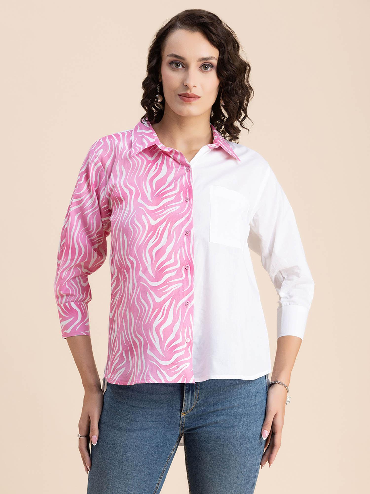 women comfortable fit cotton printed pink shirt