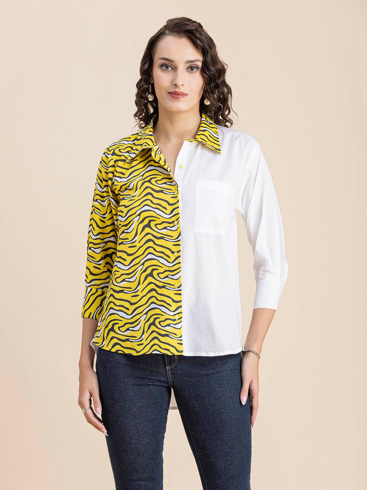 women comfortable fit cotton printed yellow shirt