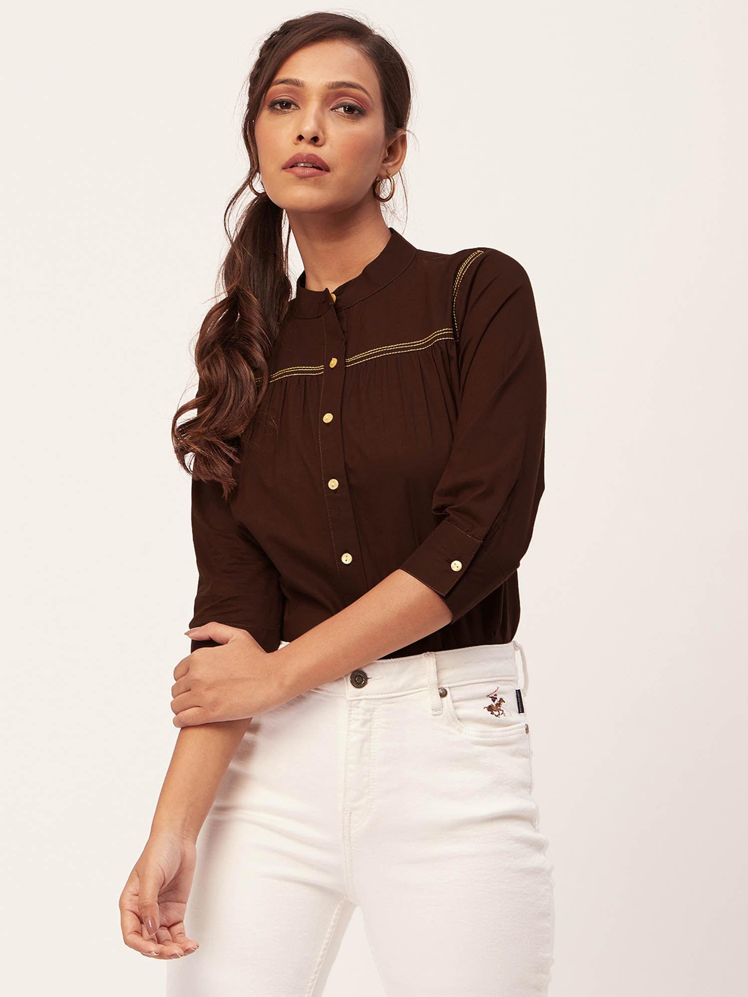 women comfortable fit cotton solid brown shirt