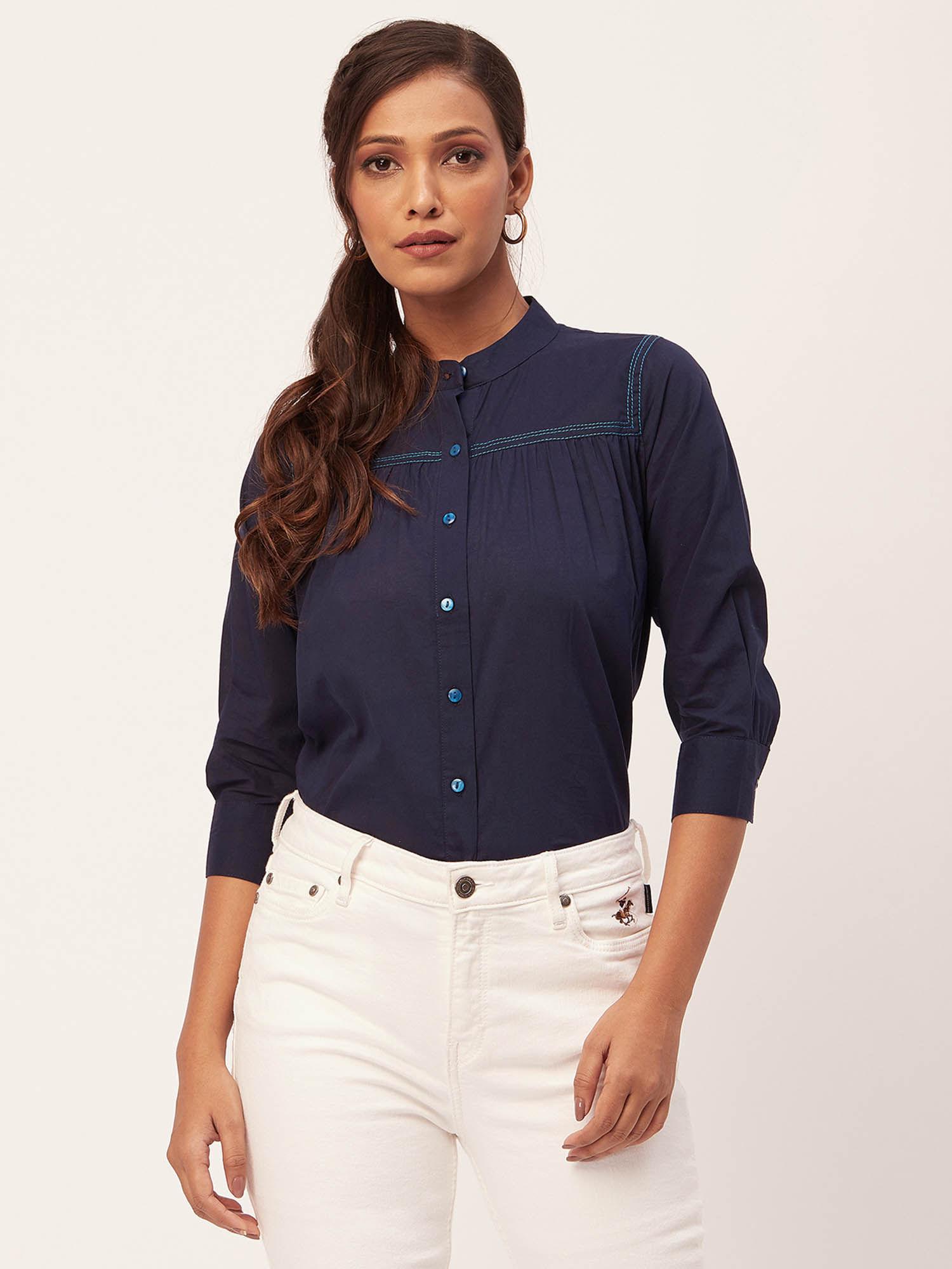 women comfortable fit cotton solid navy blue shirt