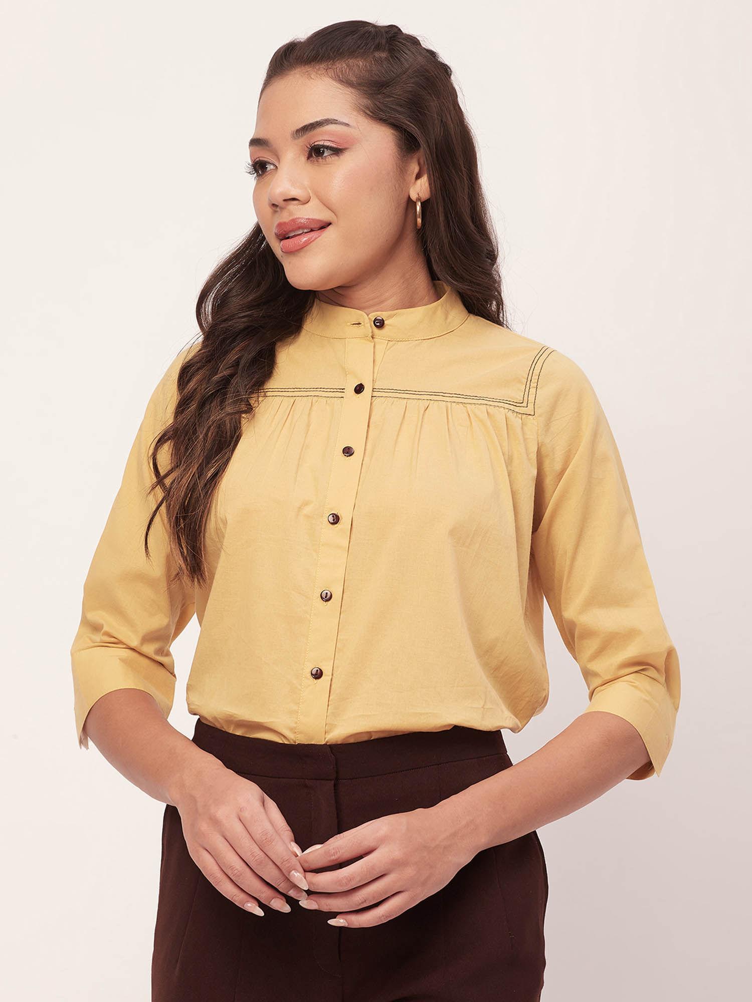 women comfortable fit cotton solid yellow shirt