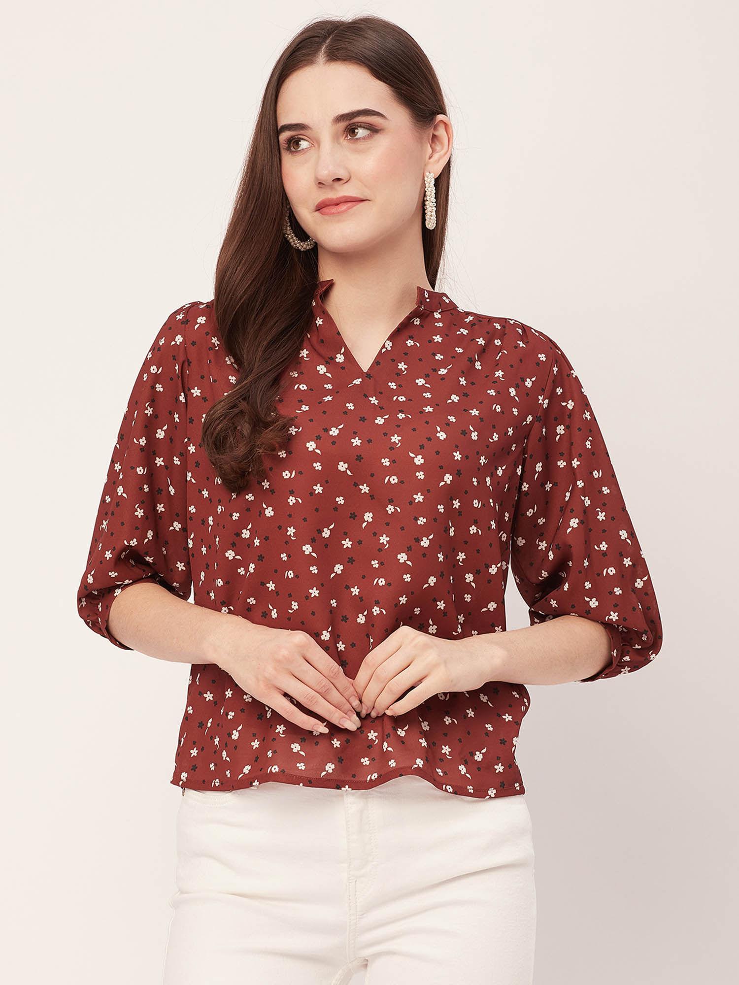 women comfortable fit georgette floral maroon top