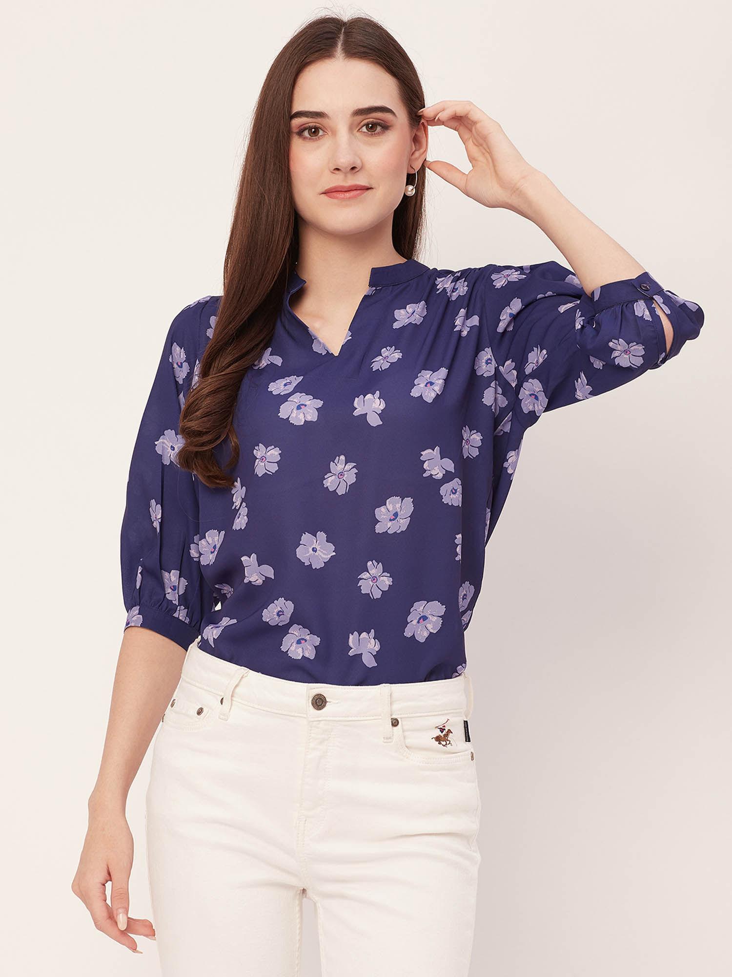 women comfortable fit georgette floral navy blue top