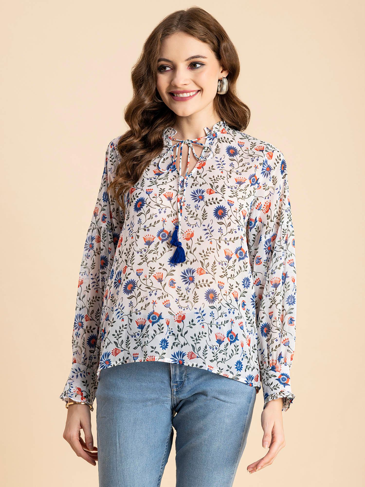 women comfortable fit georgette floral white top