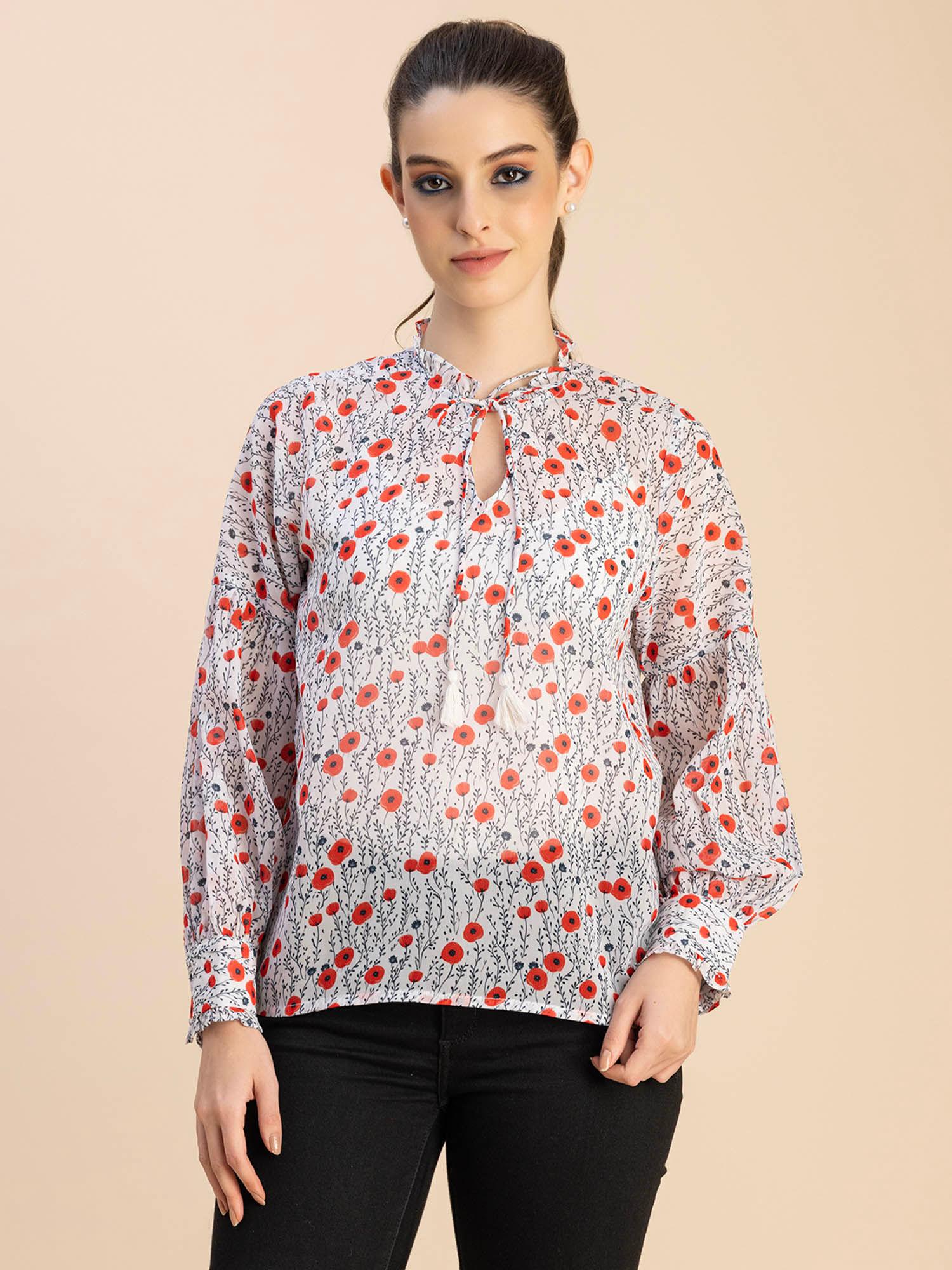 women comfortable fit georgette floral white top