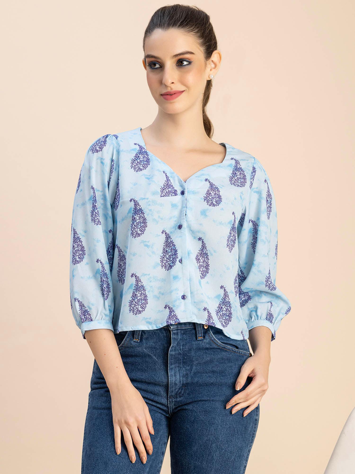 women comfortable fit georgette paisley blue top