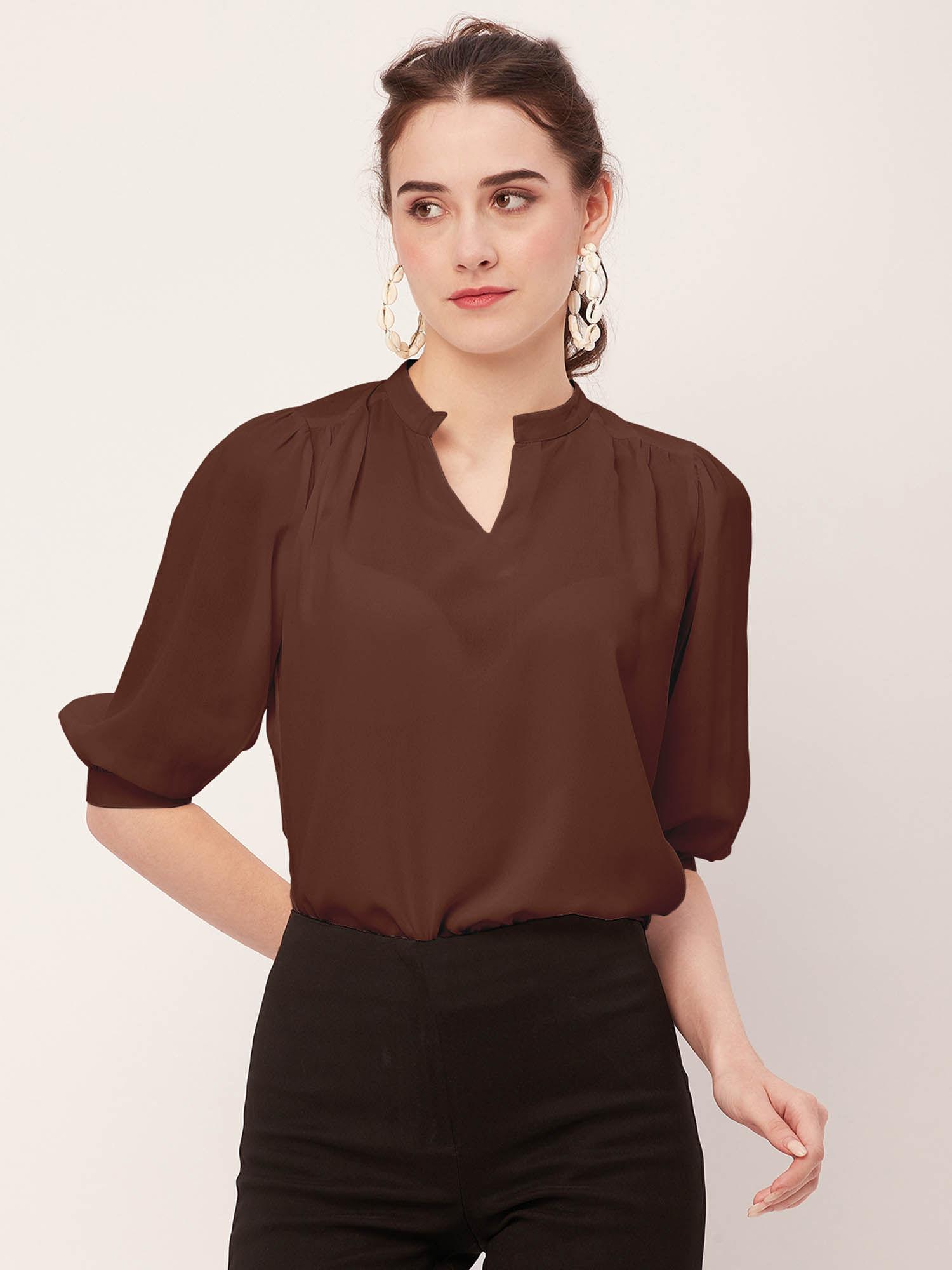 women comfortable fit georgette solid brown top