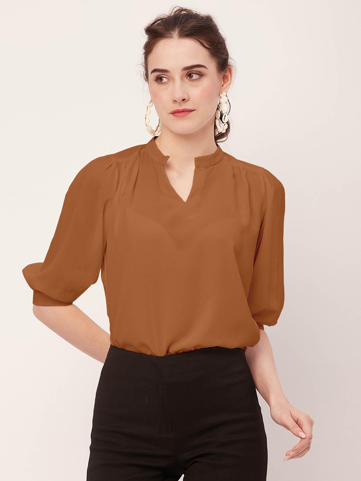 women comfortable fit georgette solid mustard top