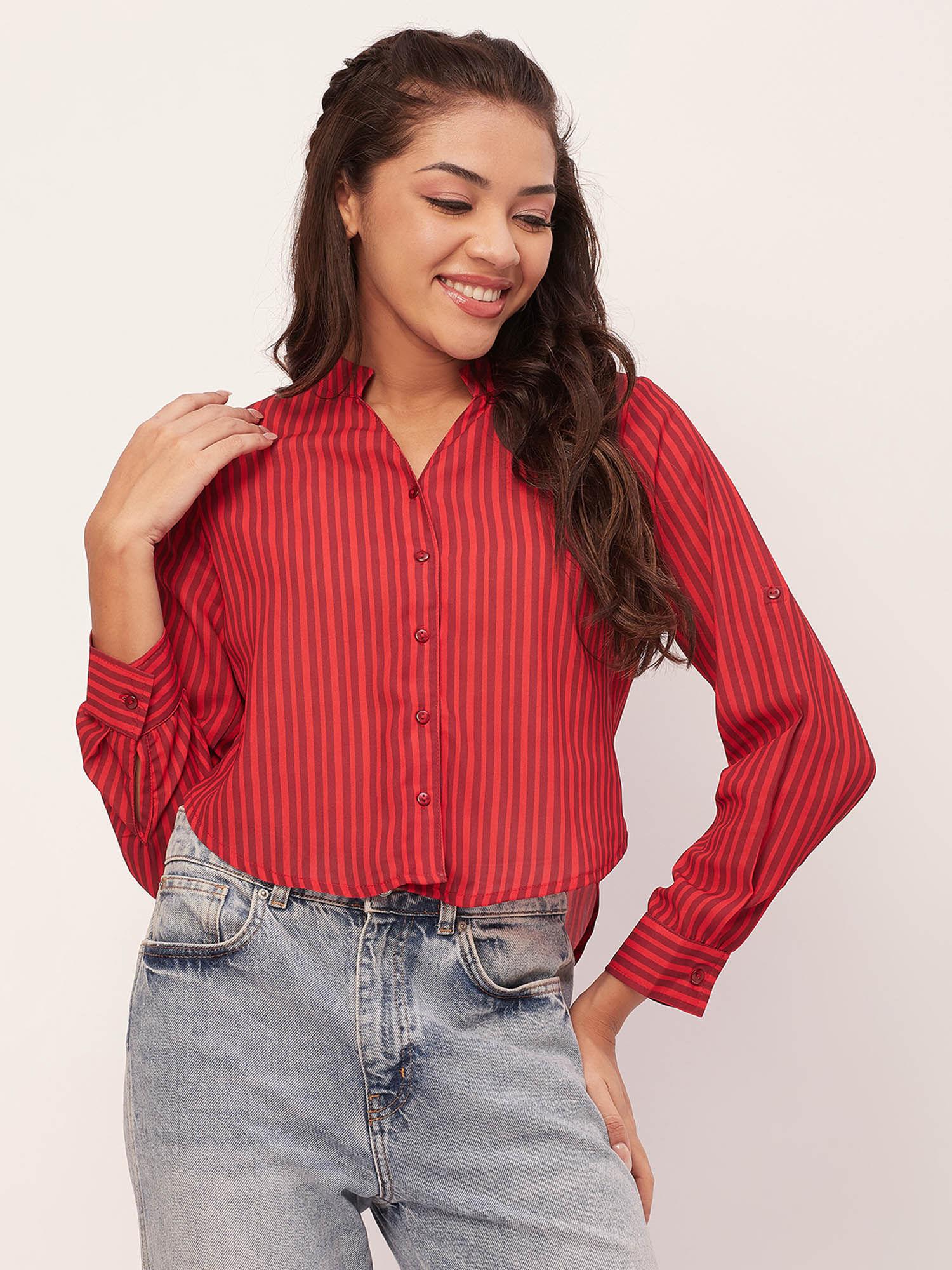 women comfortable fit georgette stripes red shirt