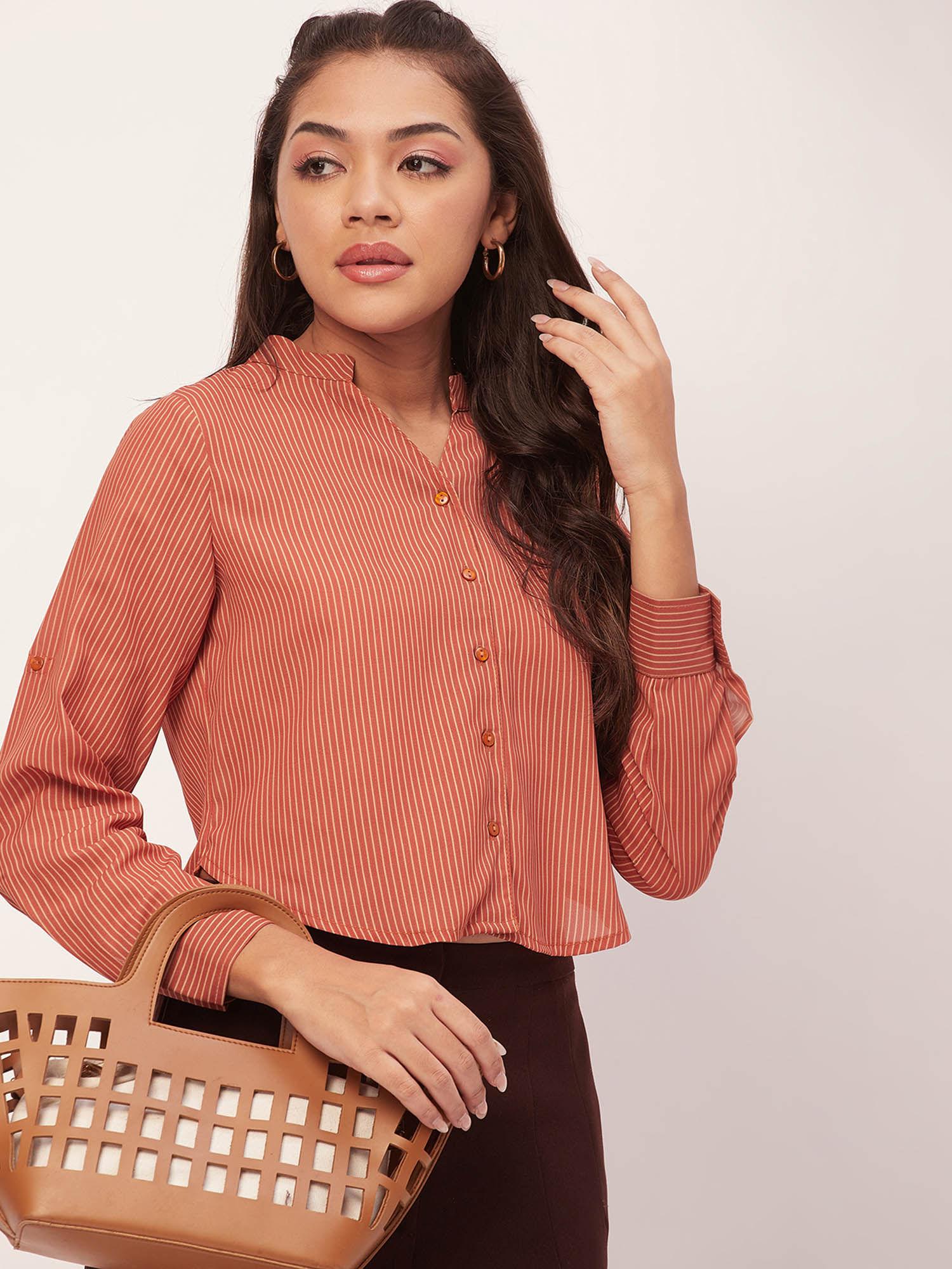 women comfortable fit georgette stripes rust shirt