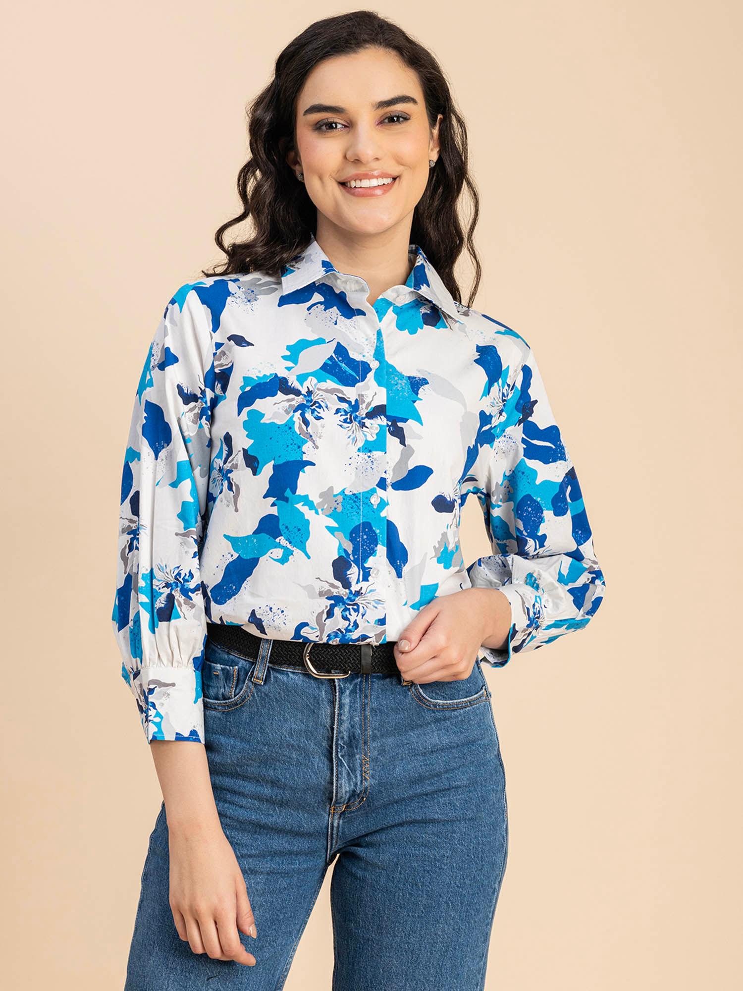 women comfortable fit poplin floral multi-color shirt