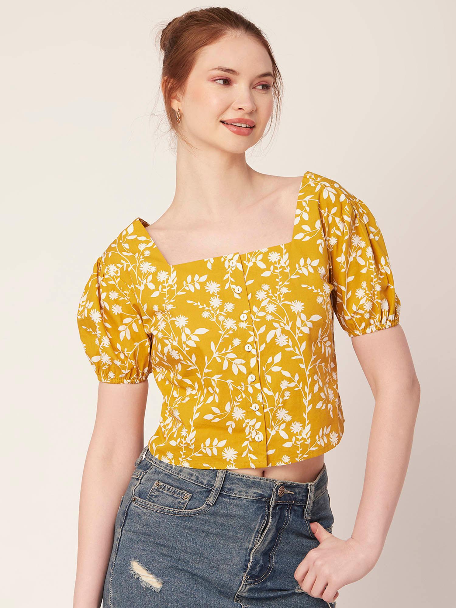 women comfortable fit poplin floral mustard top