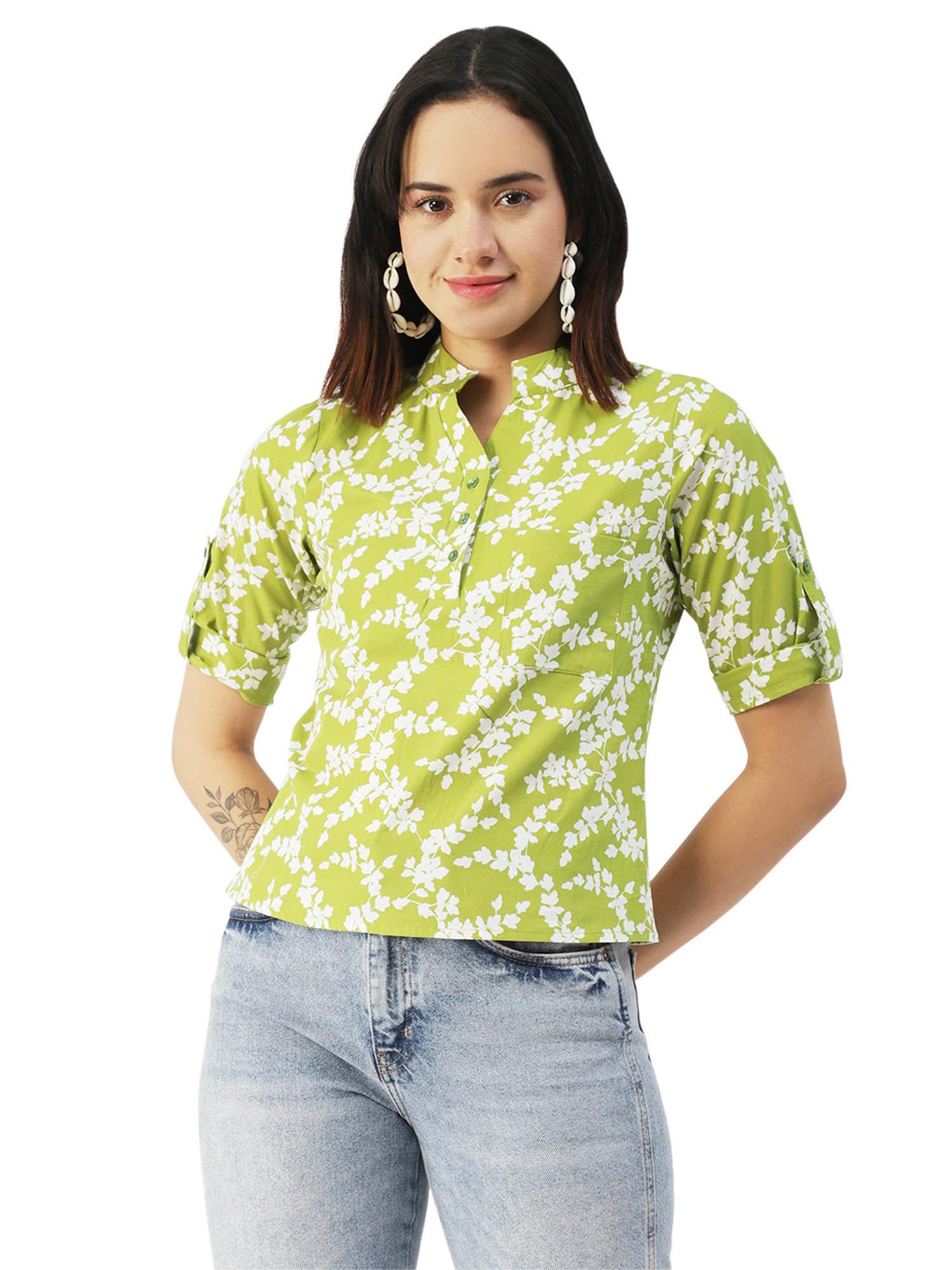 women comfortable fit poplin printed green top