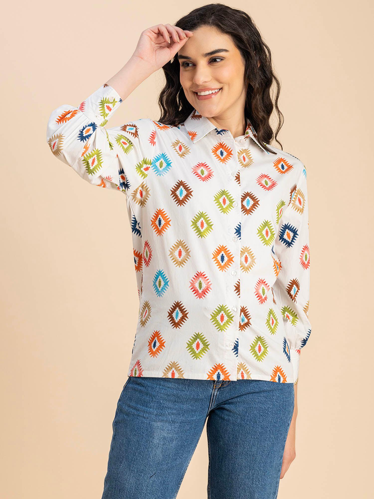 women comfortable fit poplin printed white shirt