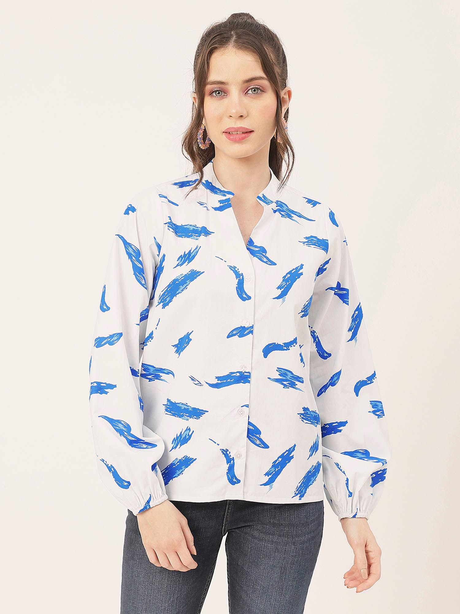 women comfortable fit poplin printed white shirt