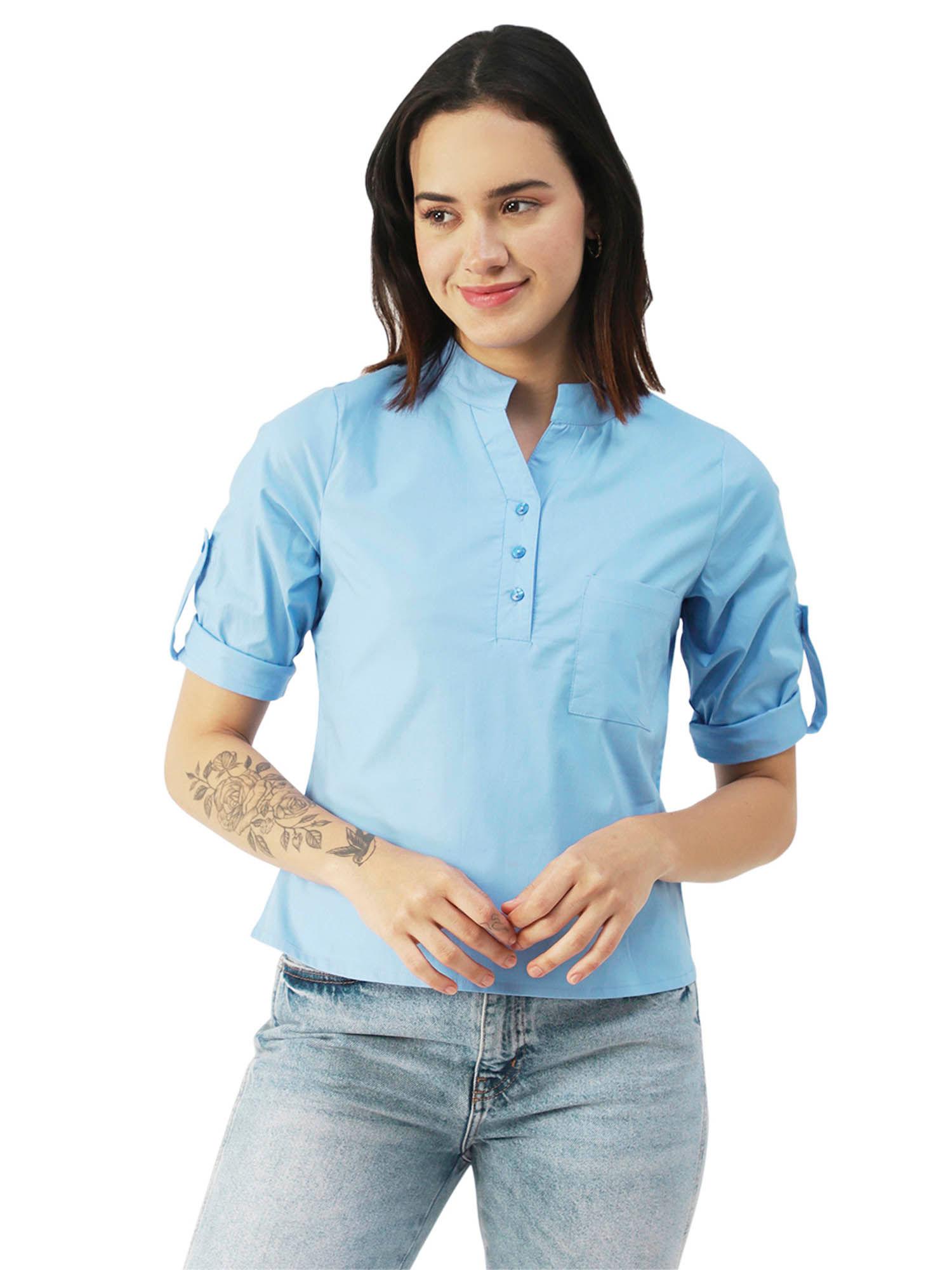 women comfortable fit poplin solid blue top