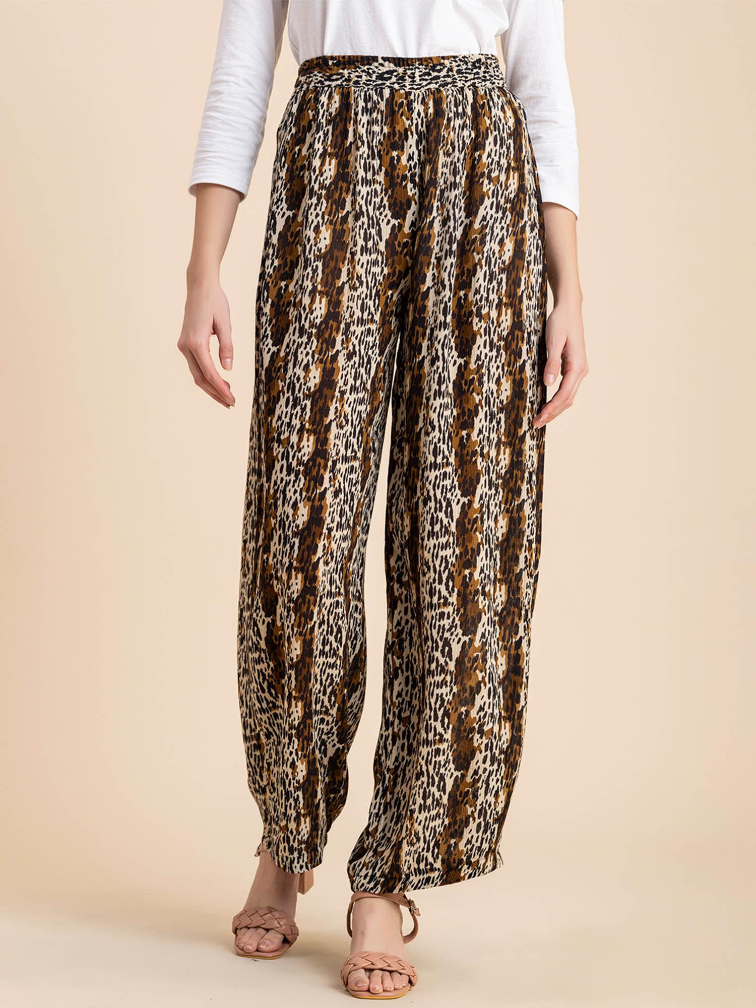 women comfortable fit rayon animal print beige pant